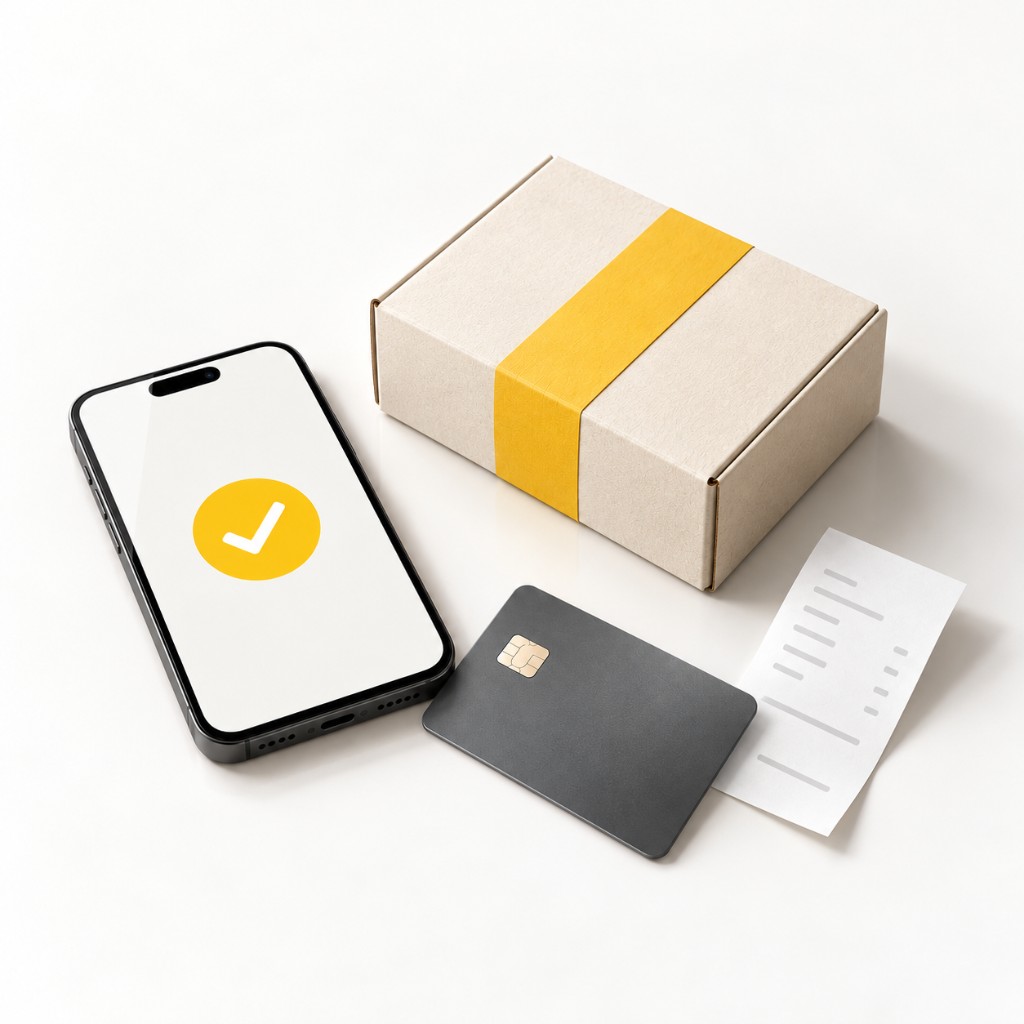 Смартфон с символом успешной оплаты, банковская карта, коробка заказа с жёлтой лентой и чек на светлом столе.