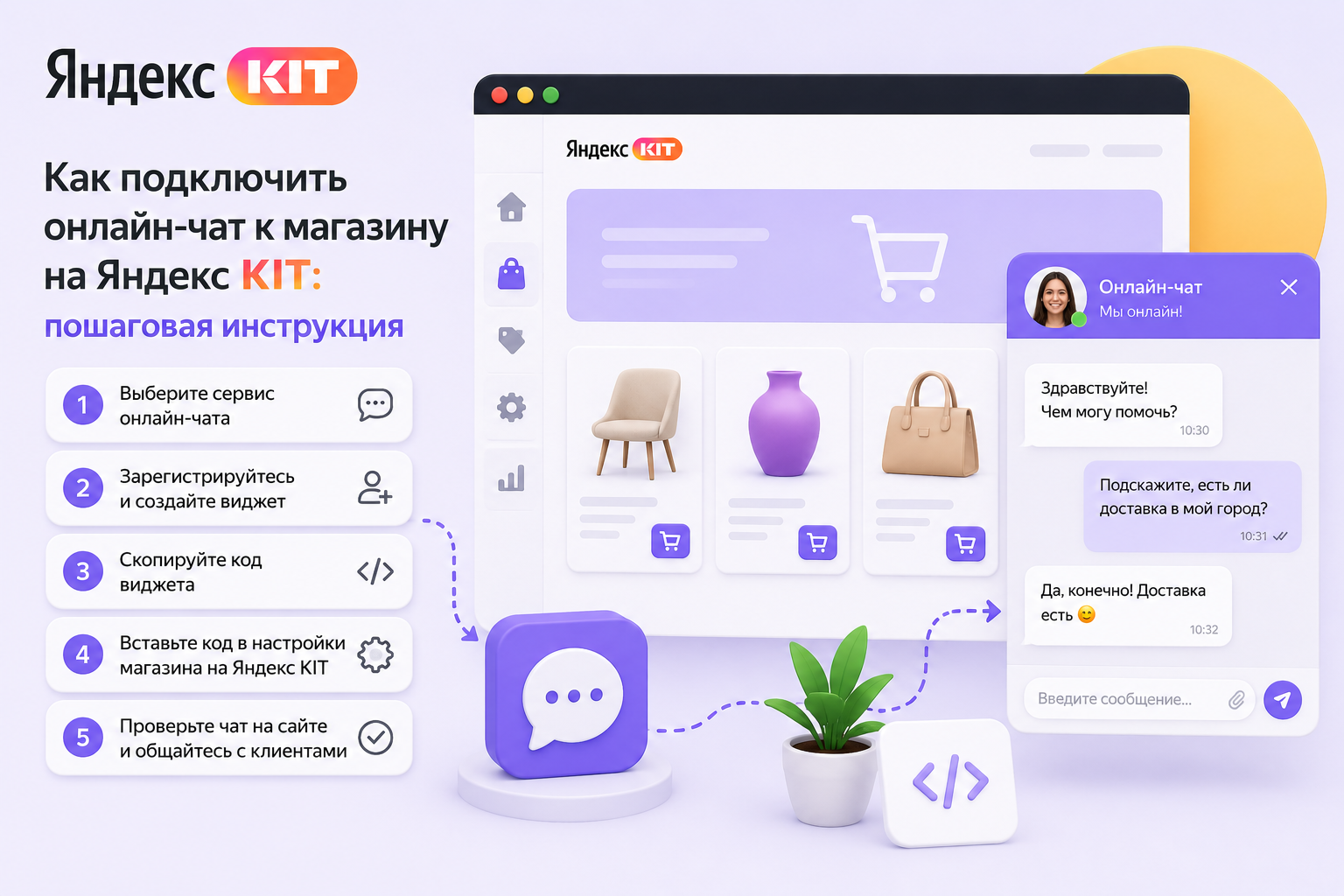 Подключение онлайн-чата к магазину на Яндекс KIT: интерфейс интернет-магазина, виджет чата, сообщения клиентов, настройки поддержки и пошаговая интеграция для общения с покупателями.