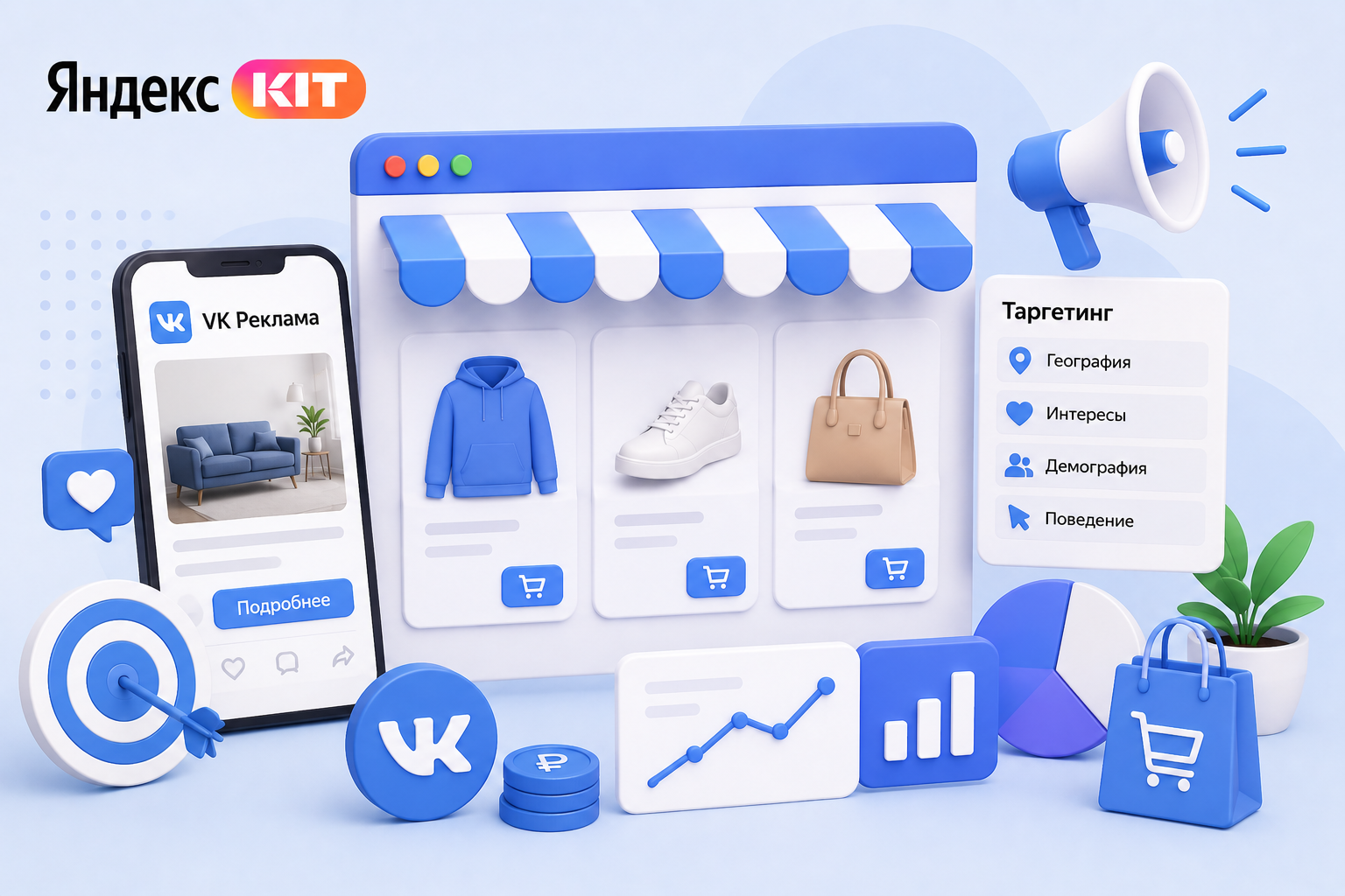 Таргетированная реклама VK для интернет-магазина на Яндекс KIT: витрина товаров, рекламный креатив в смартфоне, настройки аудитории, интересы, география, аналитика и рост продаж.