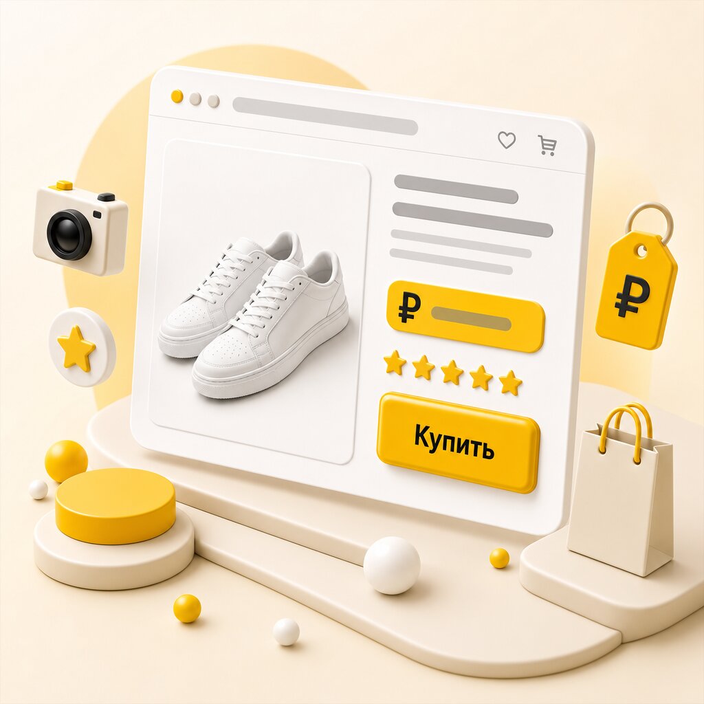 3D-иллюстрация продающей карточки товара: витрина интернет-магазина с фото, ценой, рейтингом и кнопкой «Купить», вокруг — иконки камеры, отзывов и корзины в жёлто-бежевой палитре.