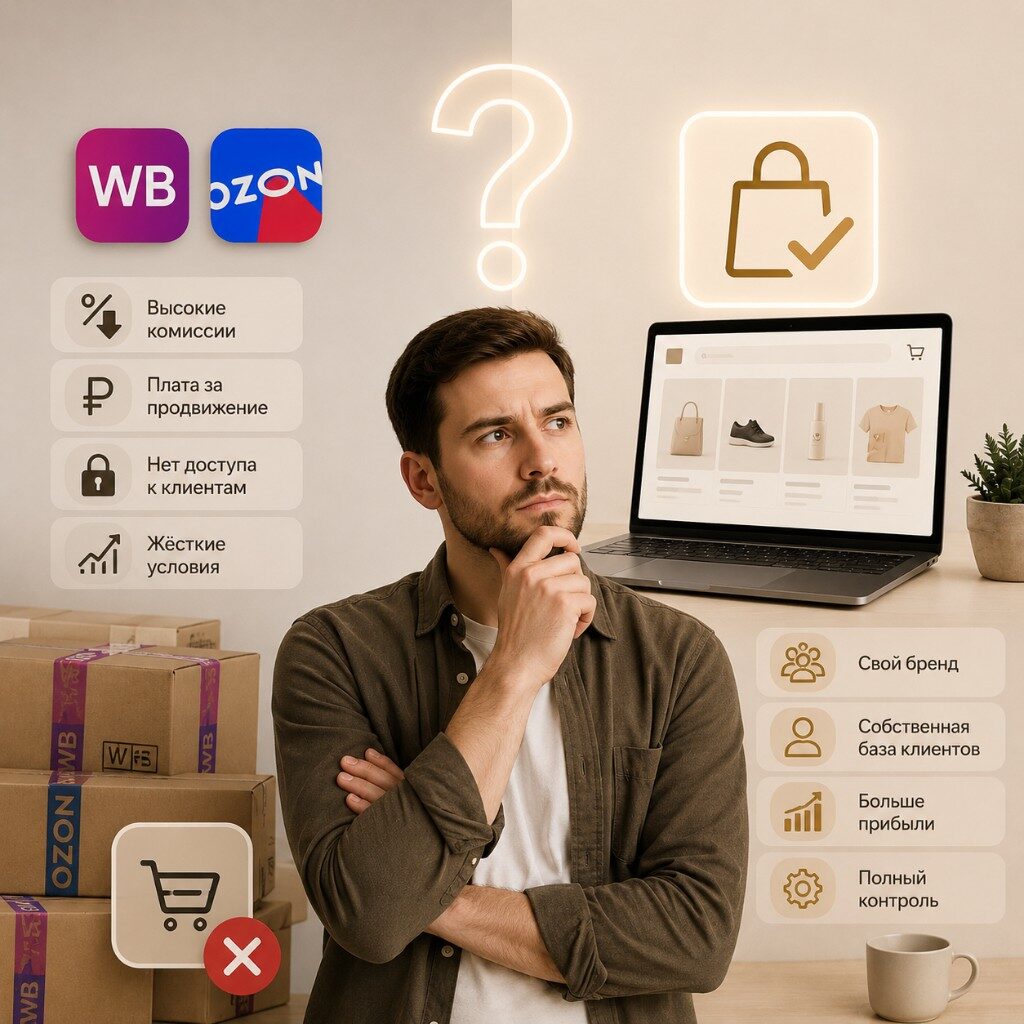 Предприниматель выбирает между продажами на маркетплейсах WB и Ozon и собственным интернет-магазином. На изображении ноутбук с витриной магазина, коробки для отправки заказов и символы, отражающие преимущества собственного e-commerce бизнеса.