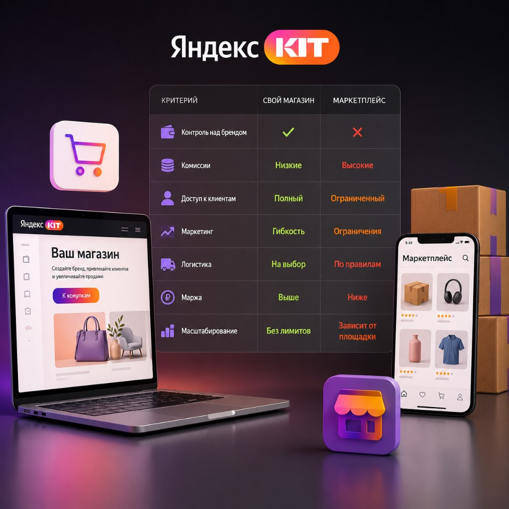 Сравнение собственного интернет-магазина и маркетплейса — современная инфографика с ноутбуком, смартфоном, сравнительной таблицей преимуществ, логотипом Яндекс KIT, аналитикой электронной коммерции, онлайн-продажами и управлением брендом.