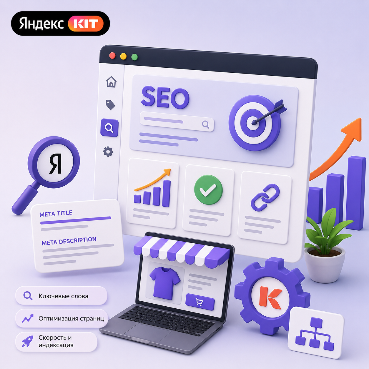 SEO-продвижение интернет-магазина на Яндекс KIT: настройка мета-тегов, ключевых слов, структуры страниц, индексации и аналитики для роста позиций в поиске.