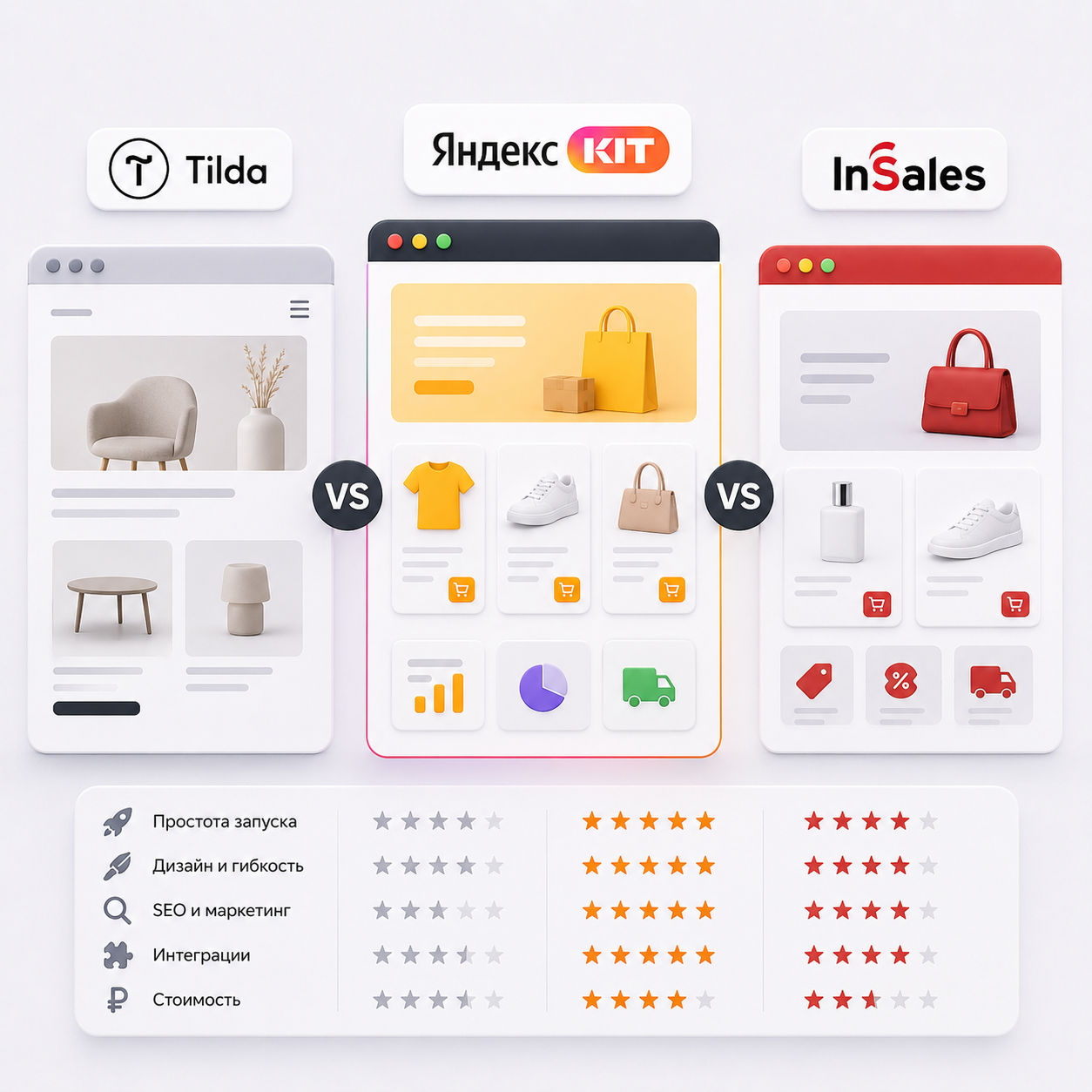 Сравнение KIT, Tilda и InSales для создания интернет-магазина: три платформы с витринами товаров, настройками, интеграциями, SEO и маркетингом в формате визуального выбора.