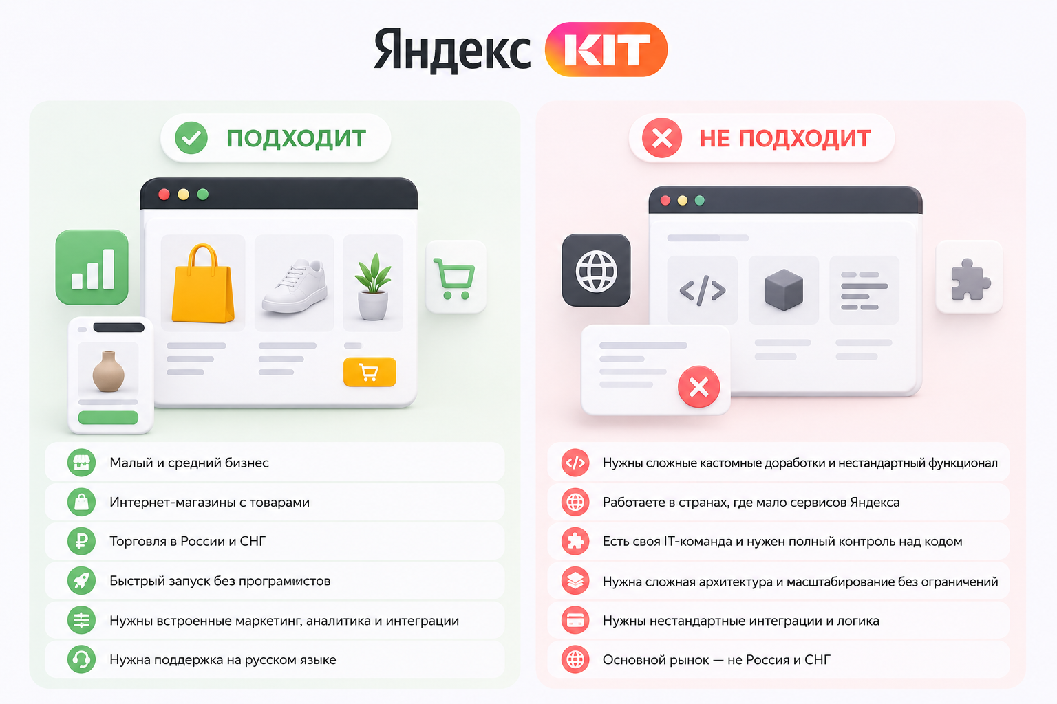 Кому подходит и кому не подходит Яндекс KIT: визуальное сравнение для бизнеса с интернет-магазином, товарами, корзиной, аналитикой и ограничениями по сложным кастомным доработкам.