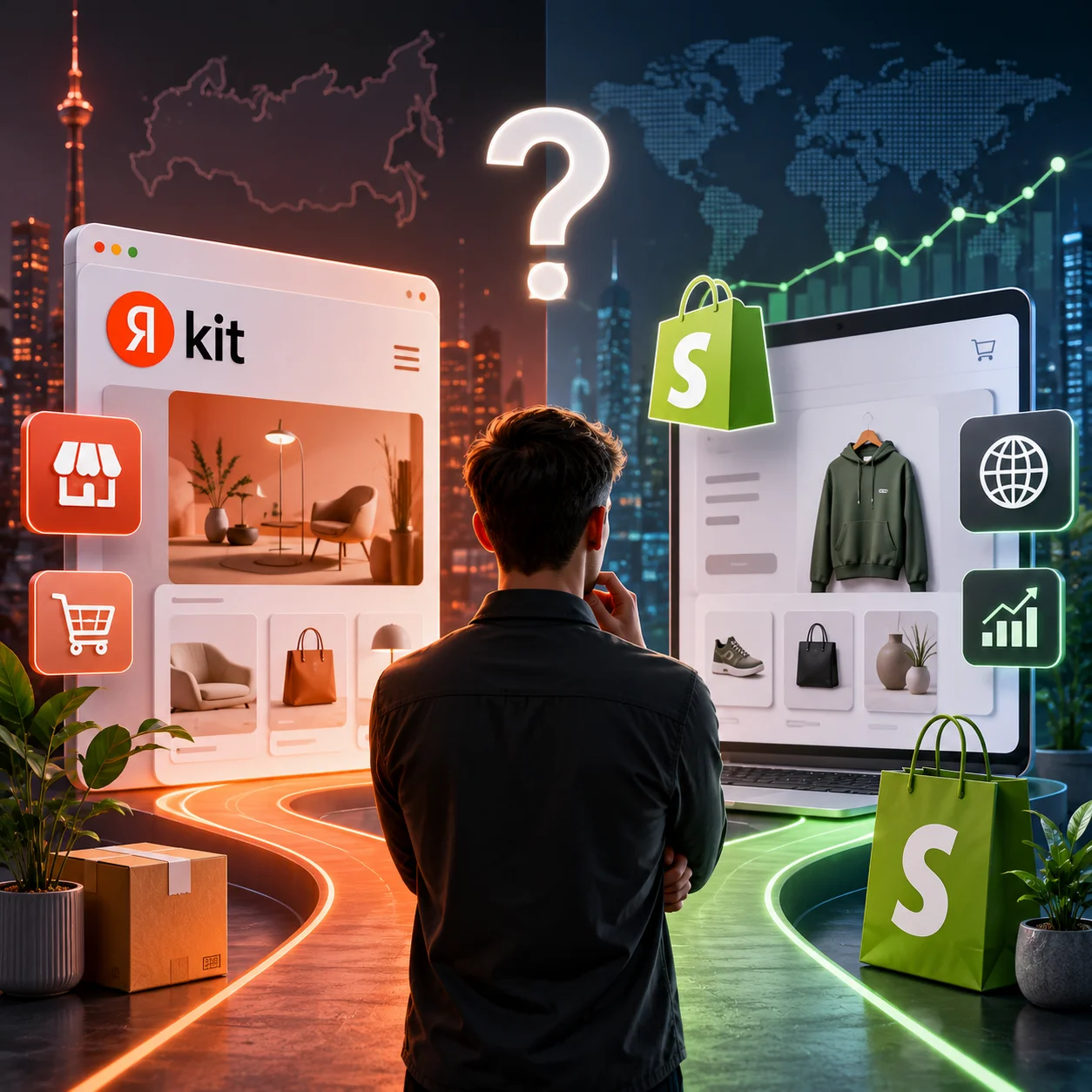 Визуальное сравнение Яндекс KIT и Shopify для запуска интернет-магазина: две e-commerce платформы, интерфейсы магазинов, корзина, товары и знак выбора между ними.